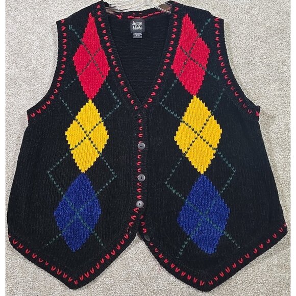 Jacque & KoKo Vtg 80s Argyle Velour Sweater Vest Colorful Hong Kong Women 18/20 - Picture 1 of 8